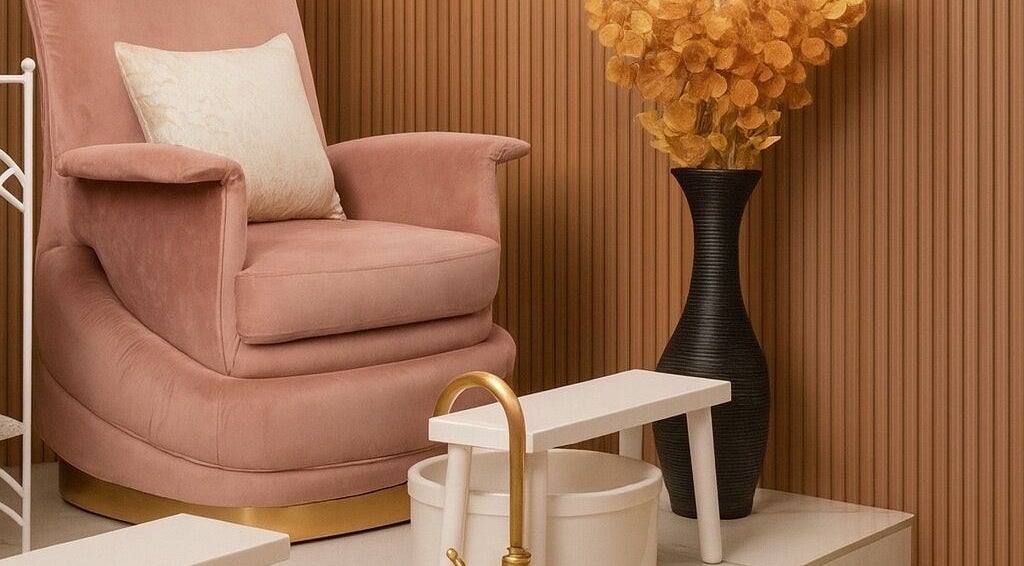 Luxurious pedicure chair at Nice Nails and Wellness in Johannesburg, Gauteng, ZA, featuring warm decor and modern design.