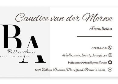 Business card of Belle Ame Beauty Lounge SA in Pretoria, Gauteng, ZA featuring contact details.