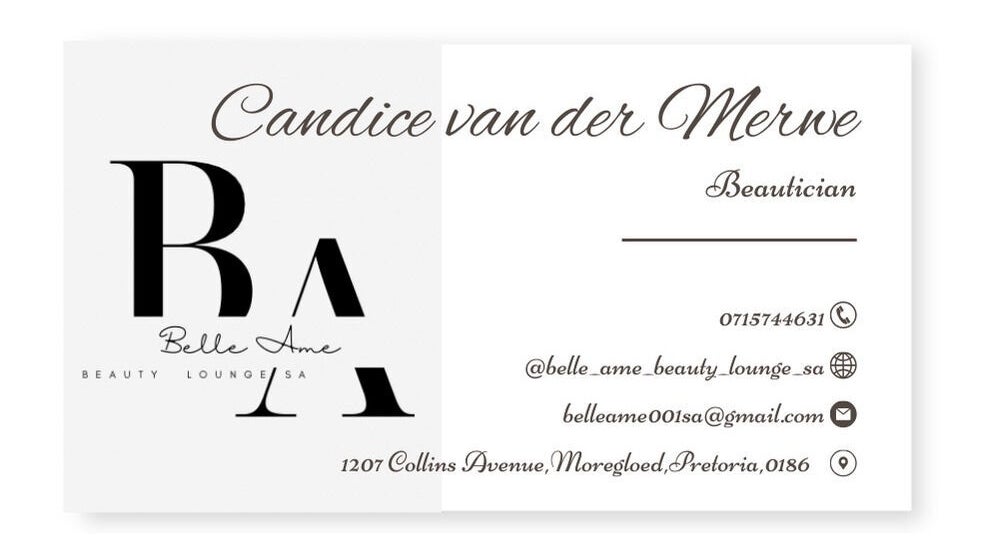 Business card of Belle Ame Beauty Lounge SA in Pretoria, Gauteng, ZA featuring contact details.