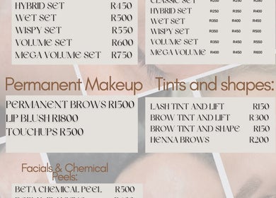 Service menu at Belle Ame Beauty Lounge SA, Pretoria, Gauteng, ZA showcasing treatment options and prices.