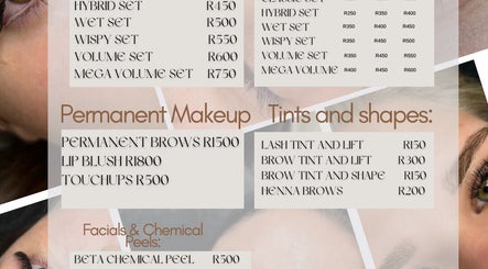 Service menu at Belle Ame Beauty Lounge SA, Pretoria, Gauteng, ZA showcasing treatment options and prices.