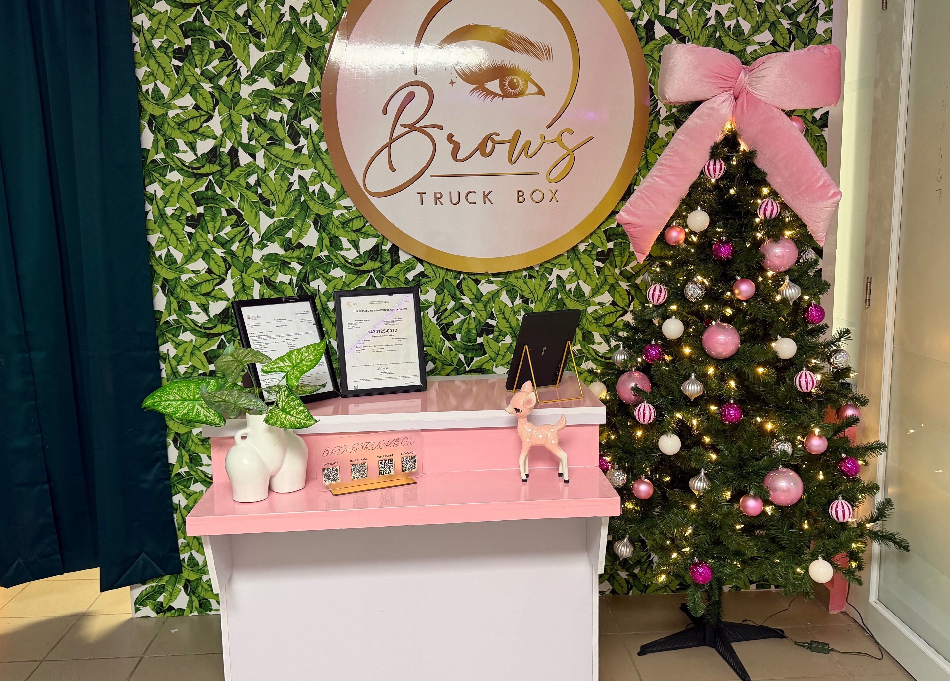 Decoración festiva en Brows Truck Box, Camuy, US, con árbol de Navidad y mostrador elegante.