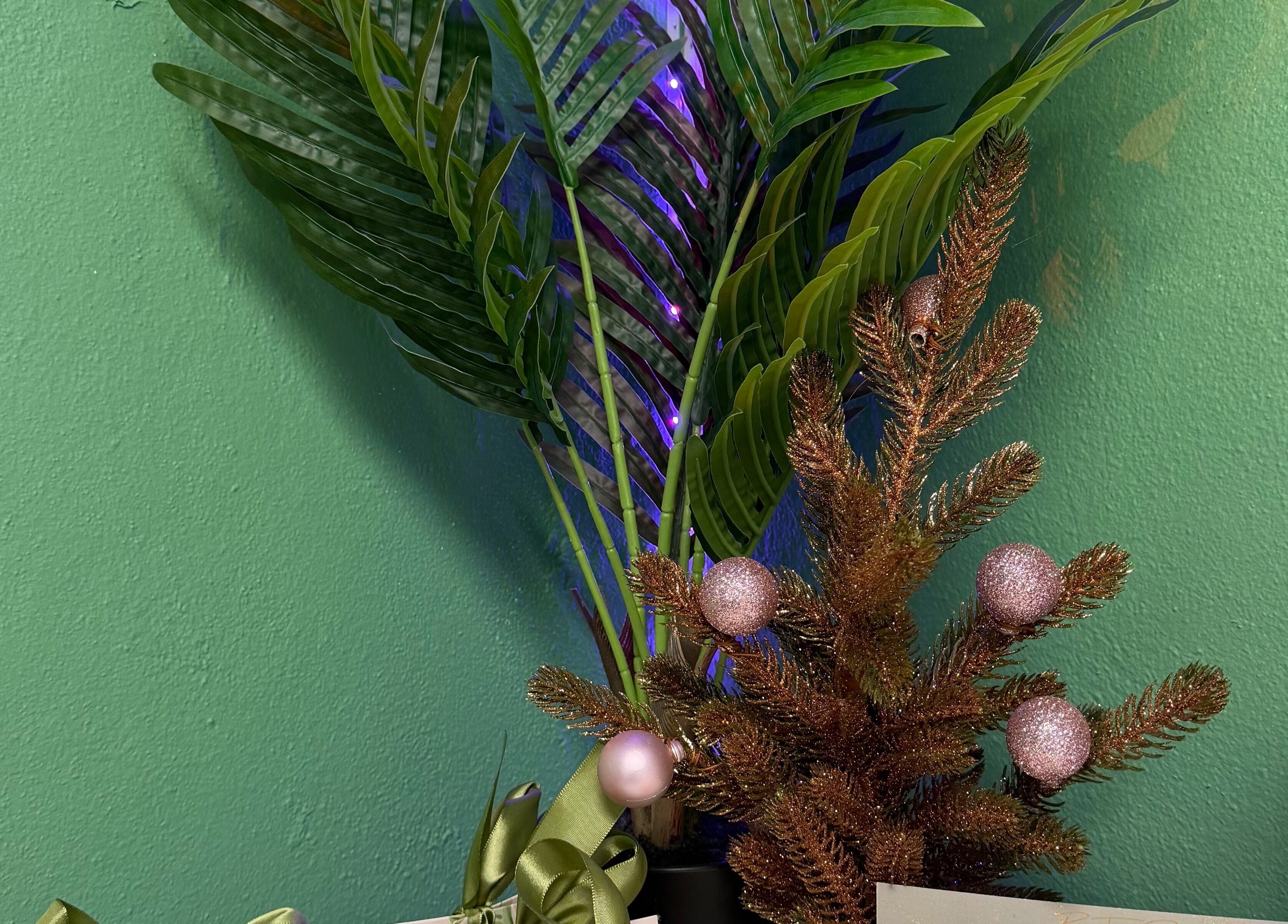 Decoración natural en Brows Truck Box, Camuy, US, con plantas verdes y adornos festivos.