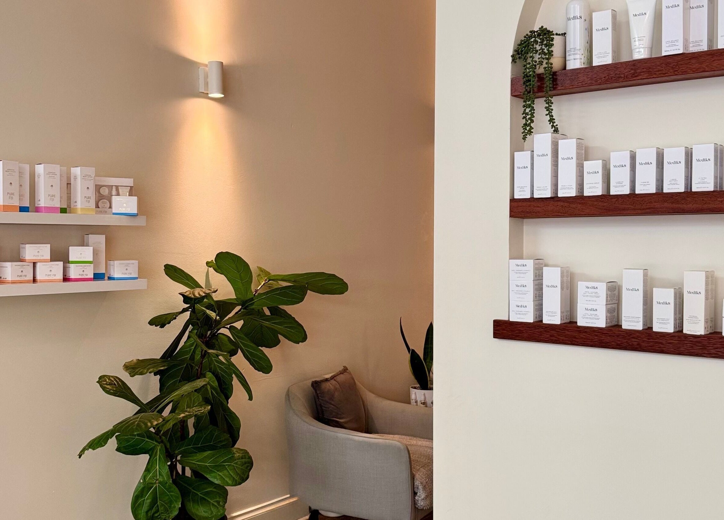 Calm product display at Canberra Day Spa, Canberra, Australian Capital Territory, AU with lush plants.