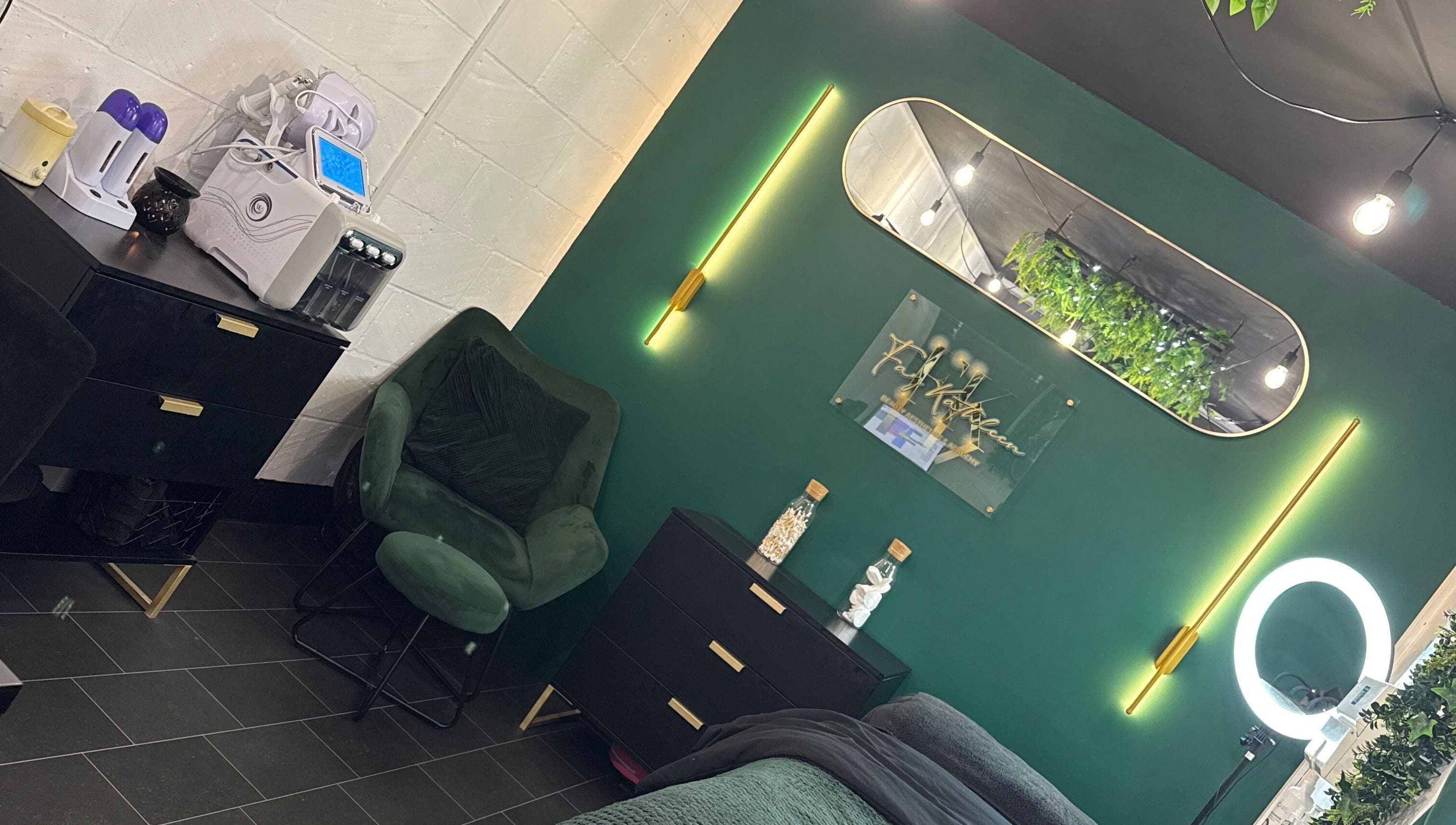Relaxing interior of Fay Kathleen Beauty Aesthetics & Academy in Wigston, England, featuring sleek decor.