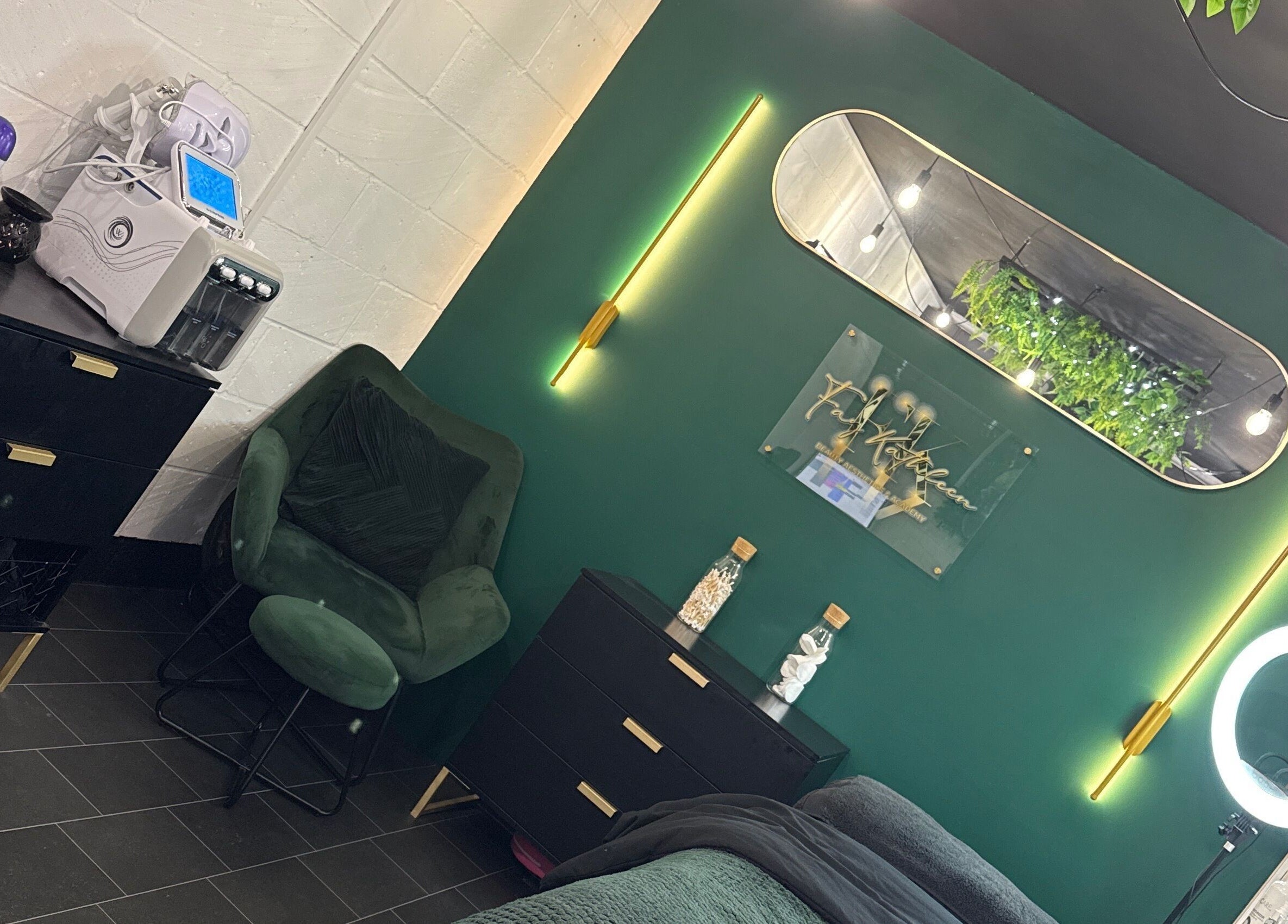 Relaxing interior of Fay Kathleen Beauty Aesthetics & Academy in Wigston, England, featuring sleek decor.