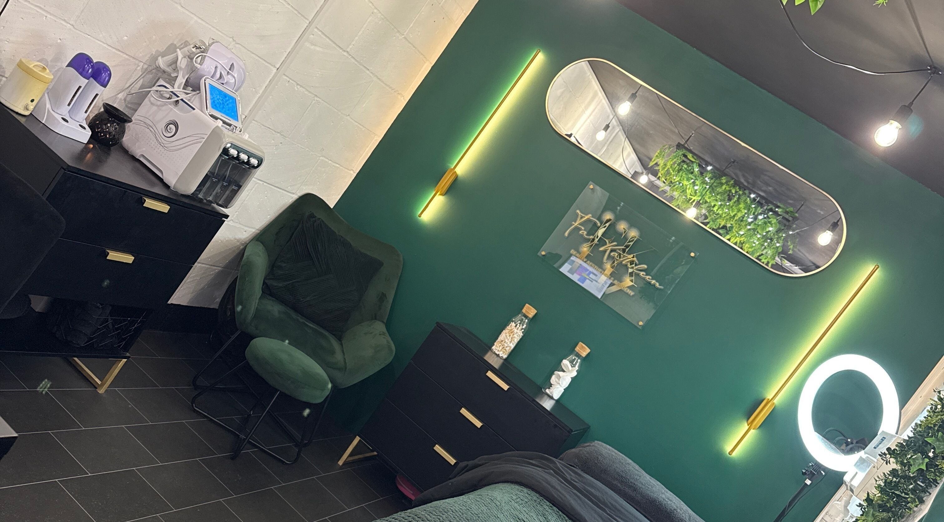 Relaxing interior of Fay Kathleen Beauty Aesthetics & Academy in Wigston, England, featuring sleek decor.