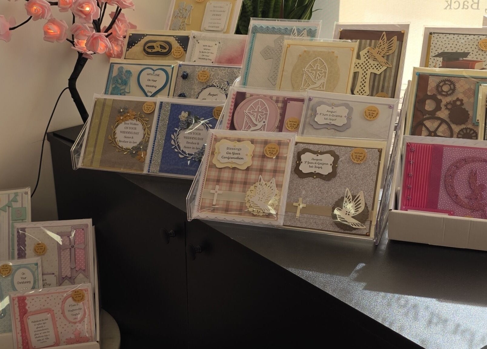 Beautiful greeting cards displayed at Pampered by Maya in L-imqabba, MT featuring intricate designs.