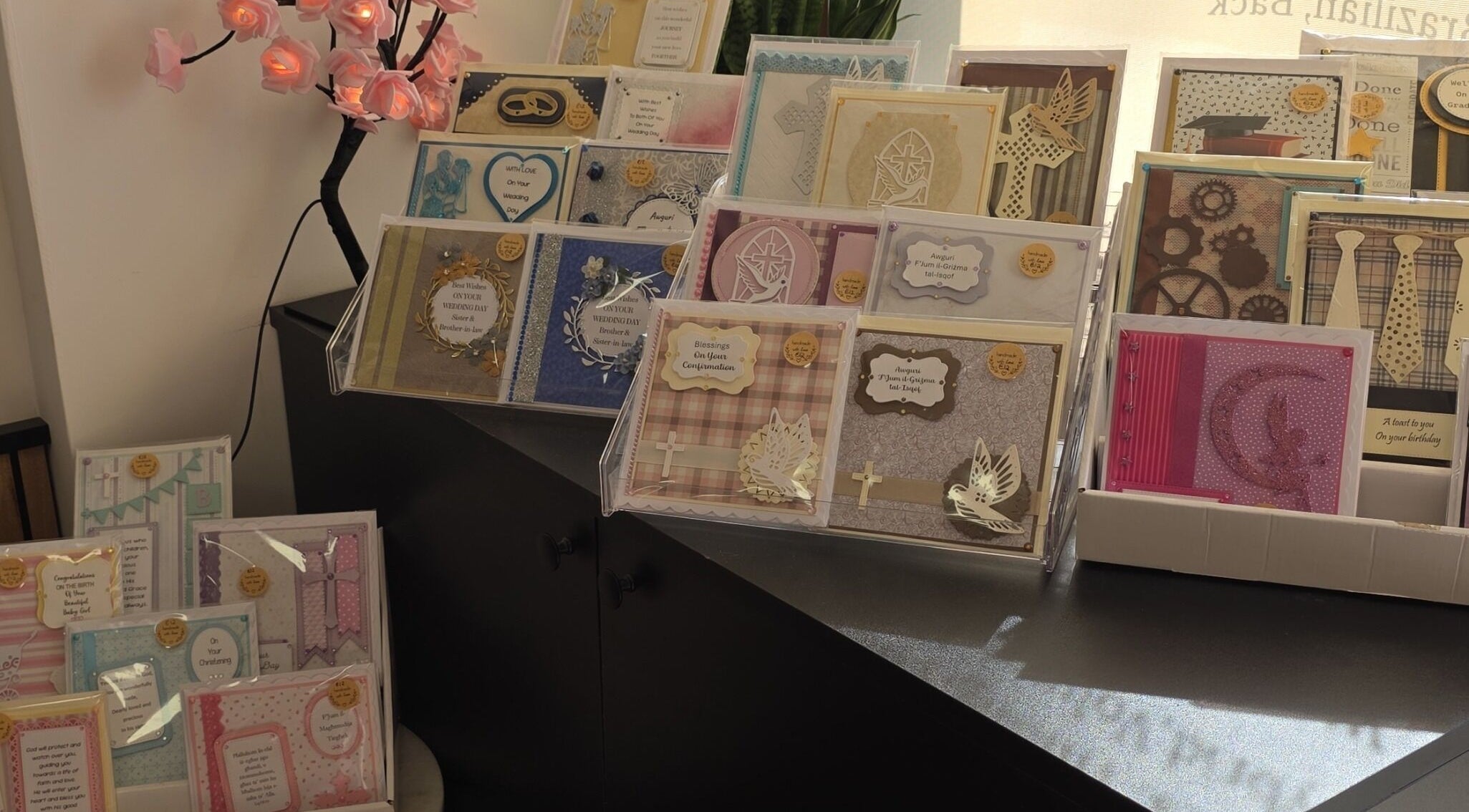 Beautiful greeting cards displayed at Pampered by Maya in L-imqabba, MT featuring intricate designs.