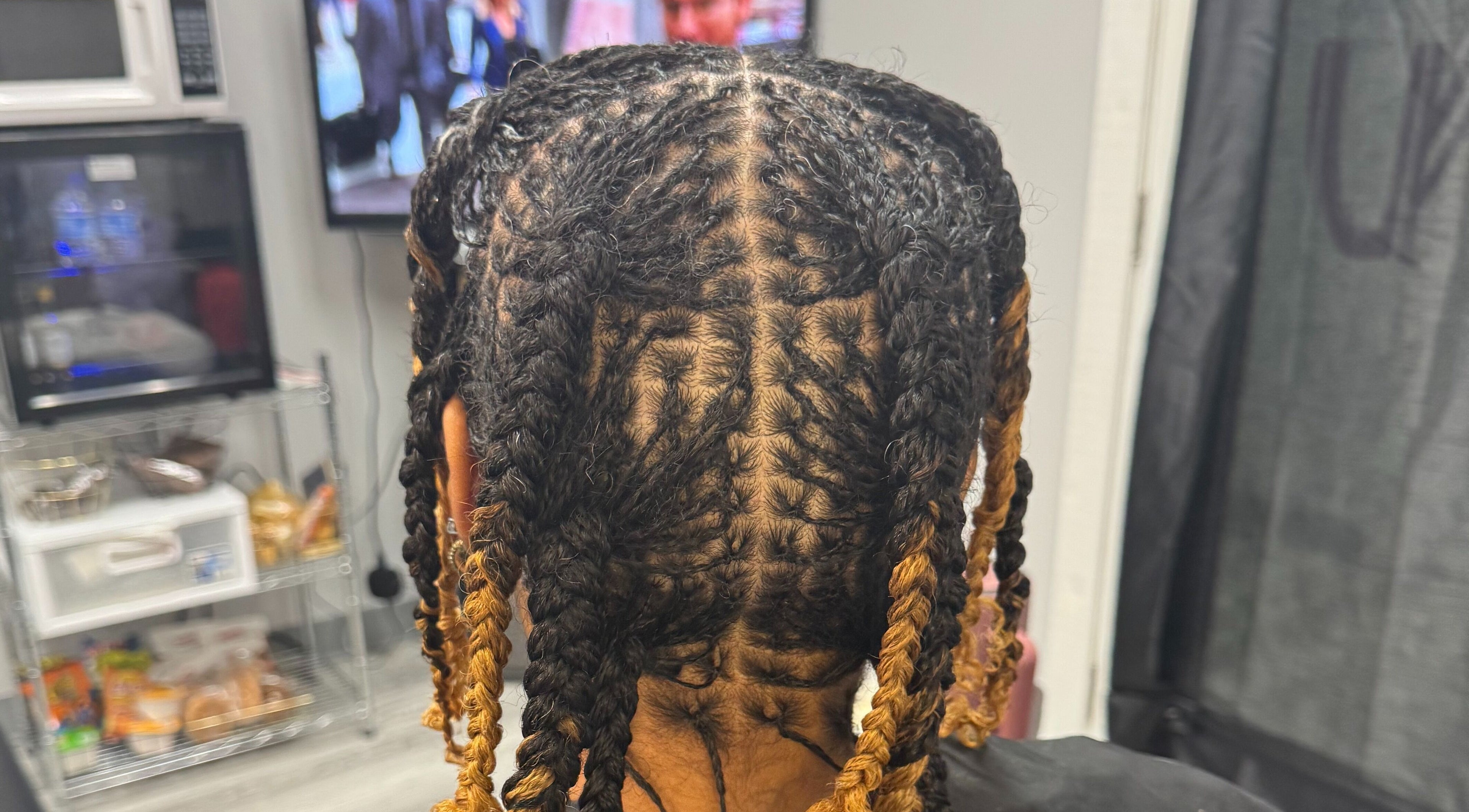 Intricate braided hairstyle created at Naturally D’ Fine Beauty, Greensboro, North Carolina, US salon.