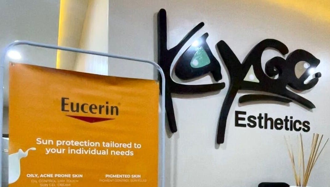 Entrance to Kayge Esthetics in Port Harcourt, Rivers, NG, featuring Eucerin product display.
