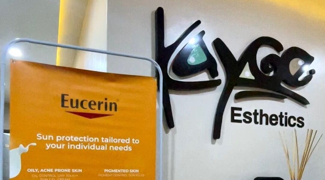 Entrance to Kayge Esthetics in Port Harcourt, Rivers, NG, featuring Eucerin product display.