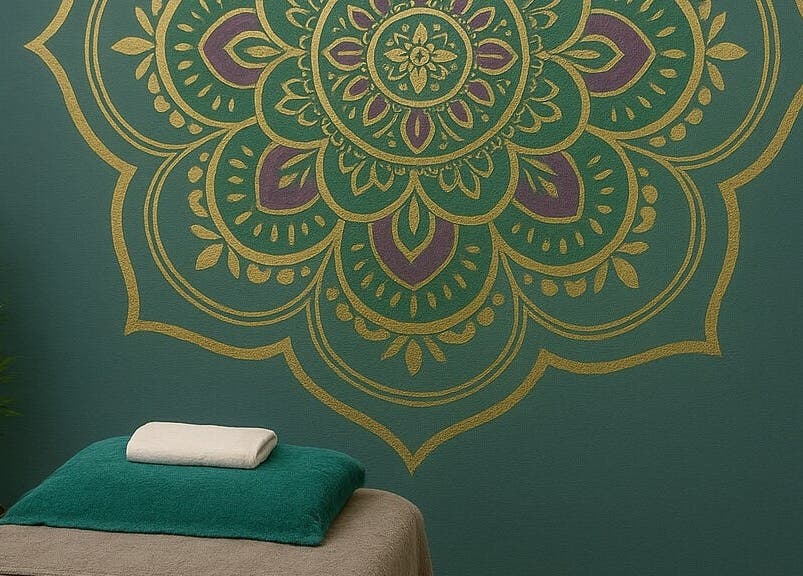 A calming treatment room at In The Zen Tokai, Cape Town, Western Cape, ZA with mandala wall art and massage bed.