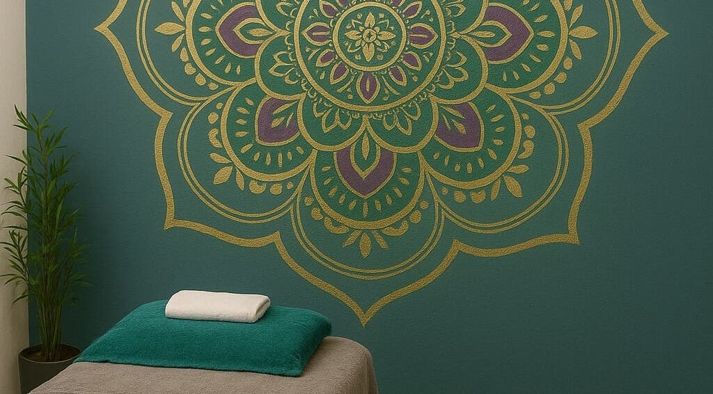 A calming treatment room at In The Zen Tokai, Cape Town, Western Cape, ZA with mandala wall art and massage bed.