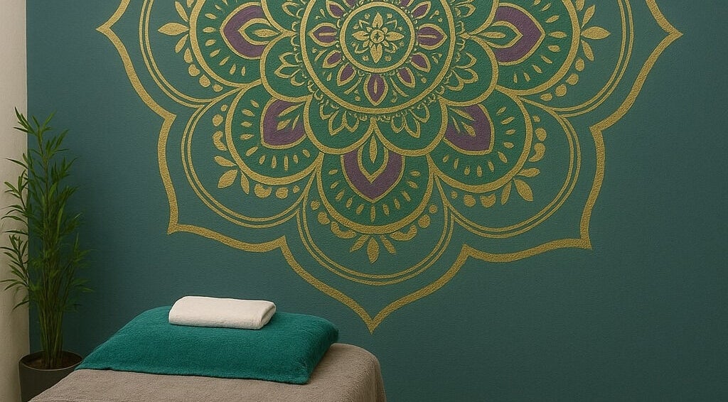 A calming treatment room at In The Zen Tokai, Cape Town, Western Cape, ZA with mandala wall art and massage bed.