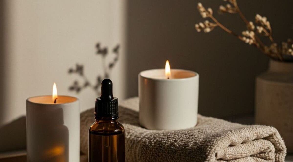 Relaxing spa setup with candles and oils at Bea Beauty DC, Cambridge Springs, Pennsylvania, US.