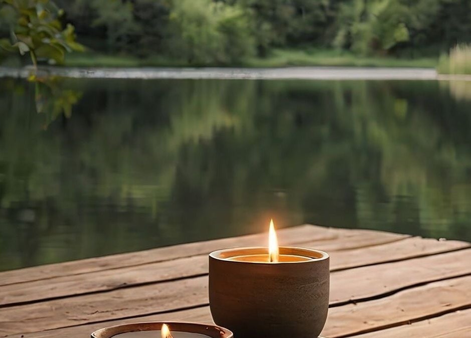 Tranquil lake view with lit candles at Bea Beauty DC, Cambridge Springs, Pennsylvania, US.