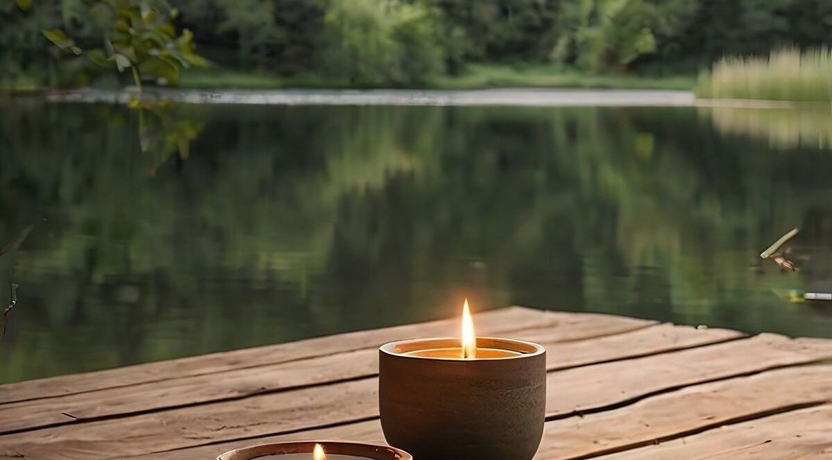 Tranquil lake view with lit candles at Bea Beauty DC, Cambridge Springs, Pennsylvania, US.