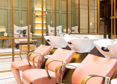 Luxurious interior of Lunatic Fringe Ladies Salon, Dubai, Dubai, AE, showcasing plush pink seating and wash stations.