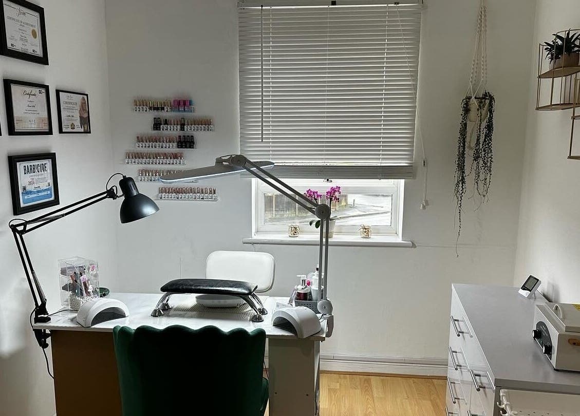 Modern nail studio interior at iloNails.tech, Worcester, England, GB, showcasing a professional workspace.
