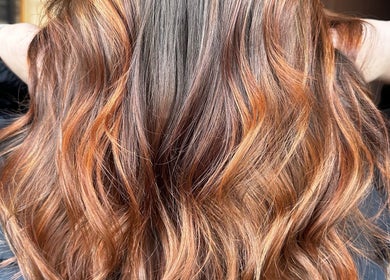Close-up of vibrant hair color from Vanity in Stoke-on-Trent, England, GB showcasing rich auburn highlights.