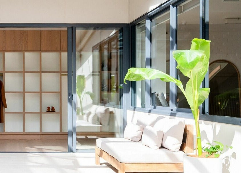 Bright lounge area at Well and Being, Dunedin, Otago, NZ with a cozy couch and green plant.