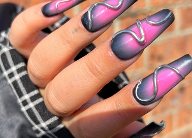 Stylish pink and grey swirl nail art at Dimepiece Beauty, Melbourne, Victoria, AU.