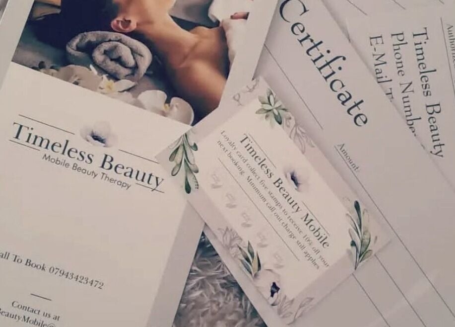 Timeless Beauty Mobile promotional materials and certificate in West Wickham, England, GB.