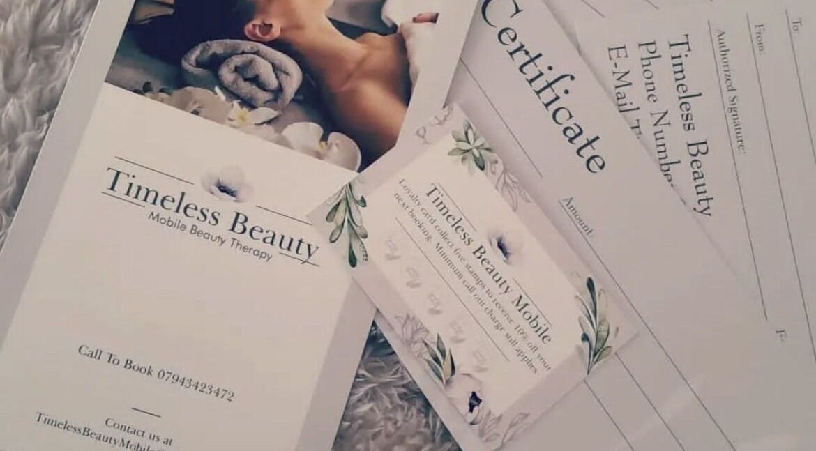 Timeless Beauty Mobile promotional materials and certificate in West Wickham, England, GB.