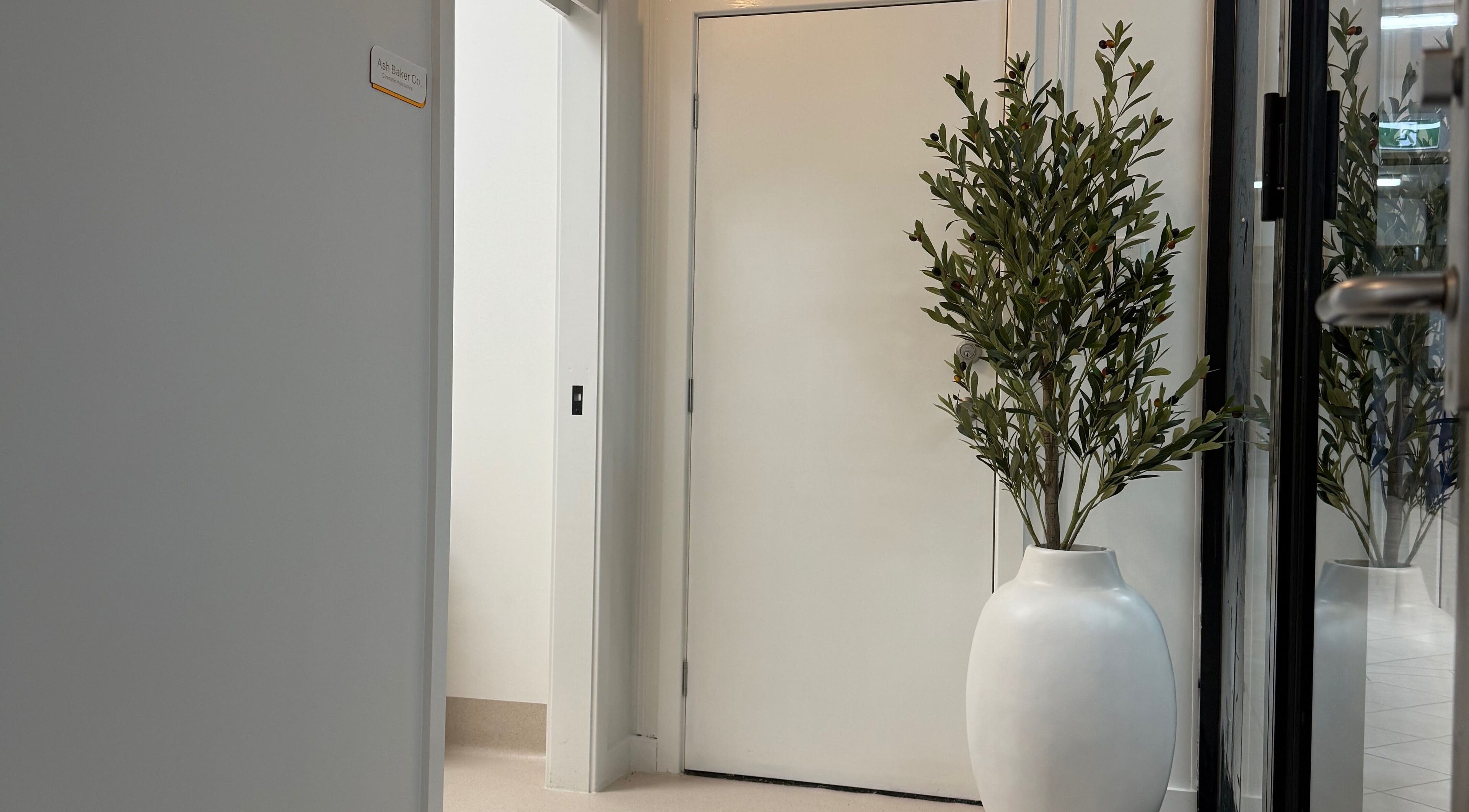 Elegant white entrance with potted plant at Lash'd By Maddy, Morisset, New South Wales, AU.