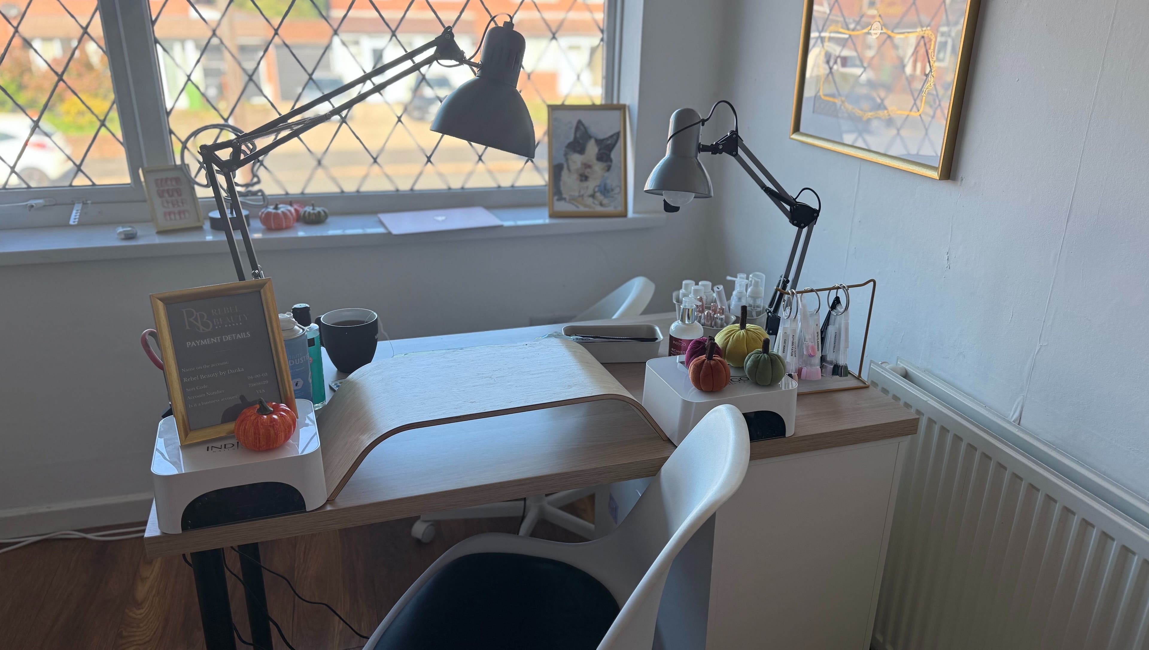 Stylish nail station at Rebel Beauty by Danka, Birmingham, England, GB with elegant decor.