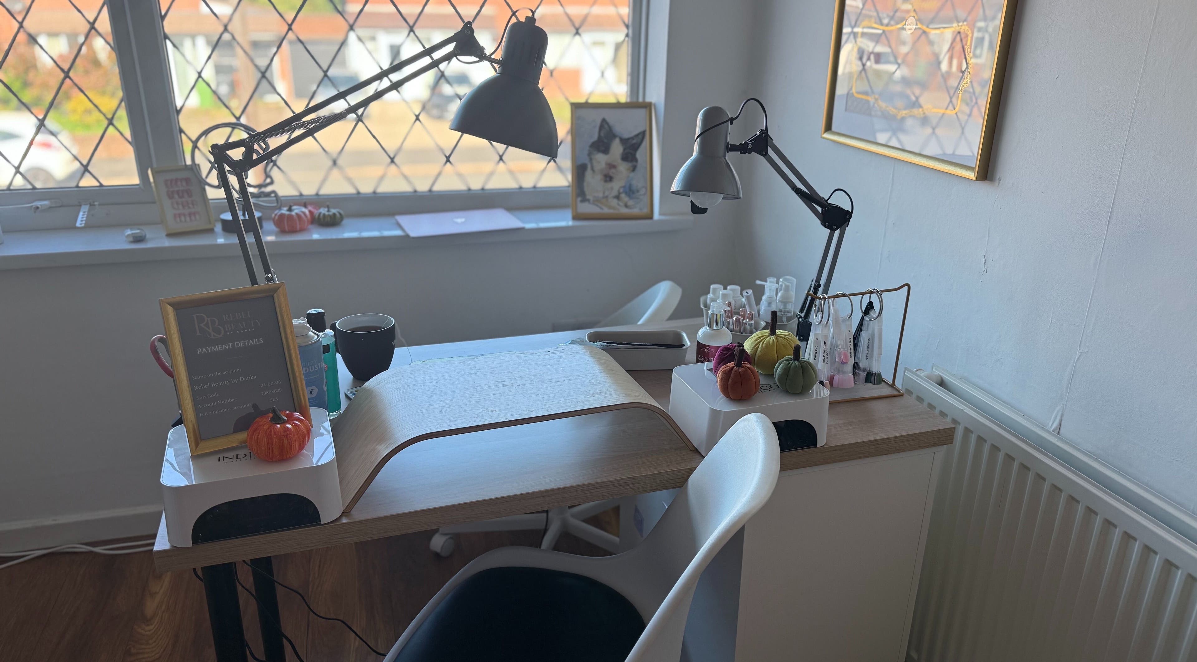 Stylish nail station at Rebel Beauty by Danka, Birmingham, England, GB with elegant decor.