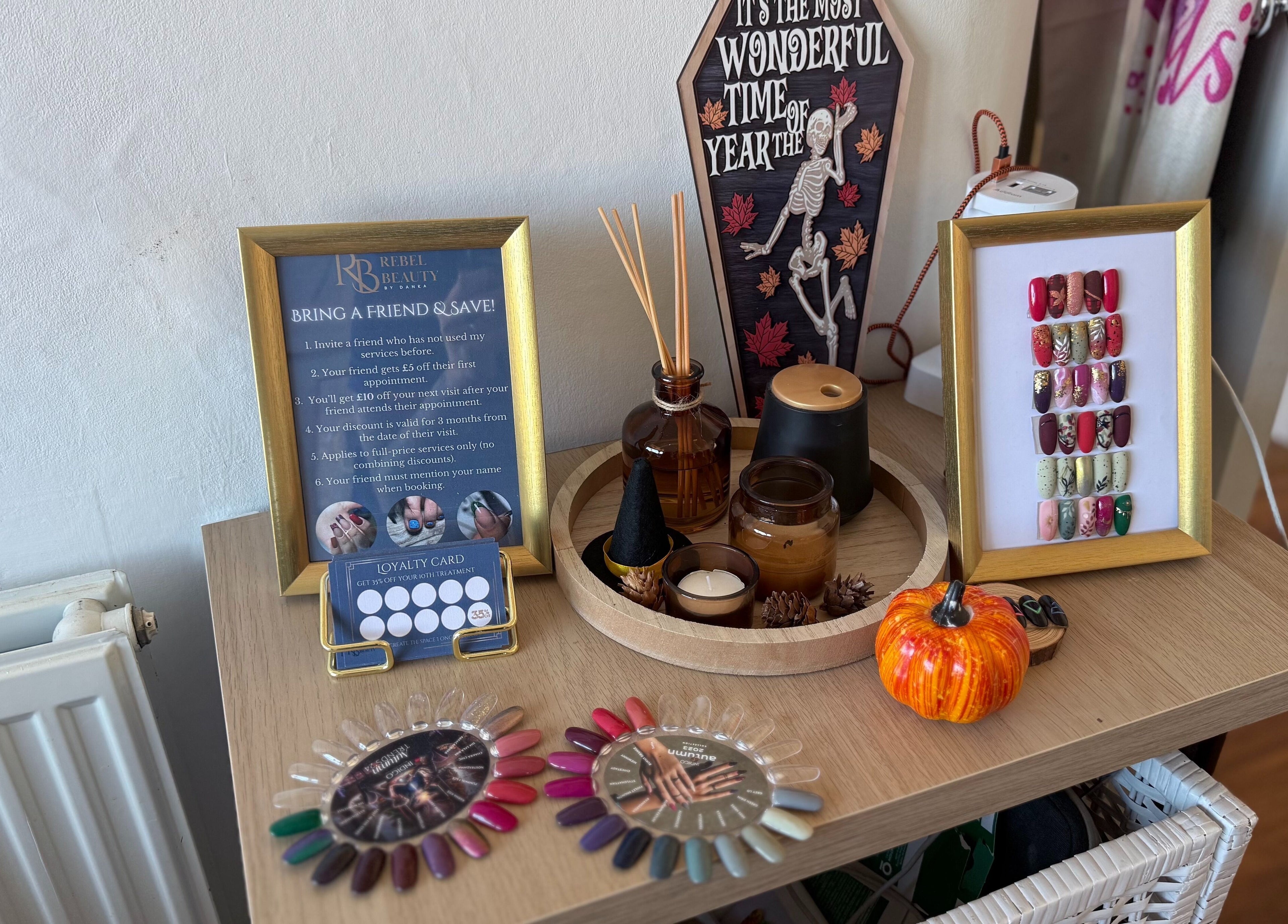 Rebel Beauty by Danka display with autumn decor and nail designs, Birmingham, England, GB.