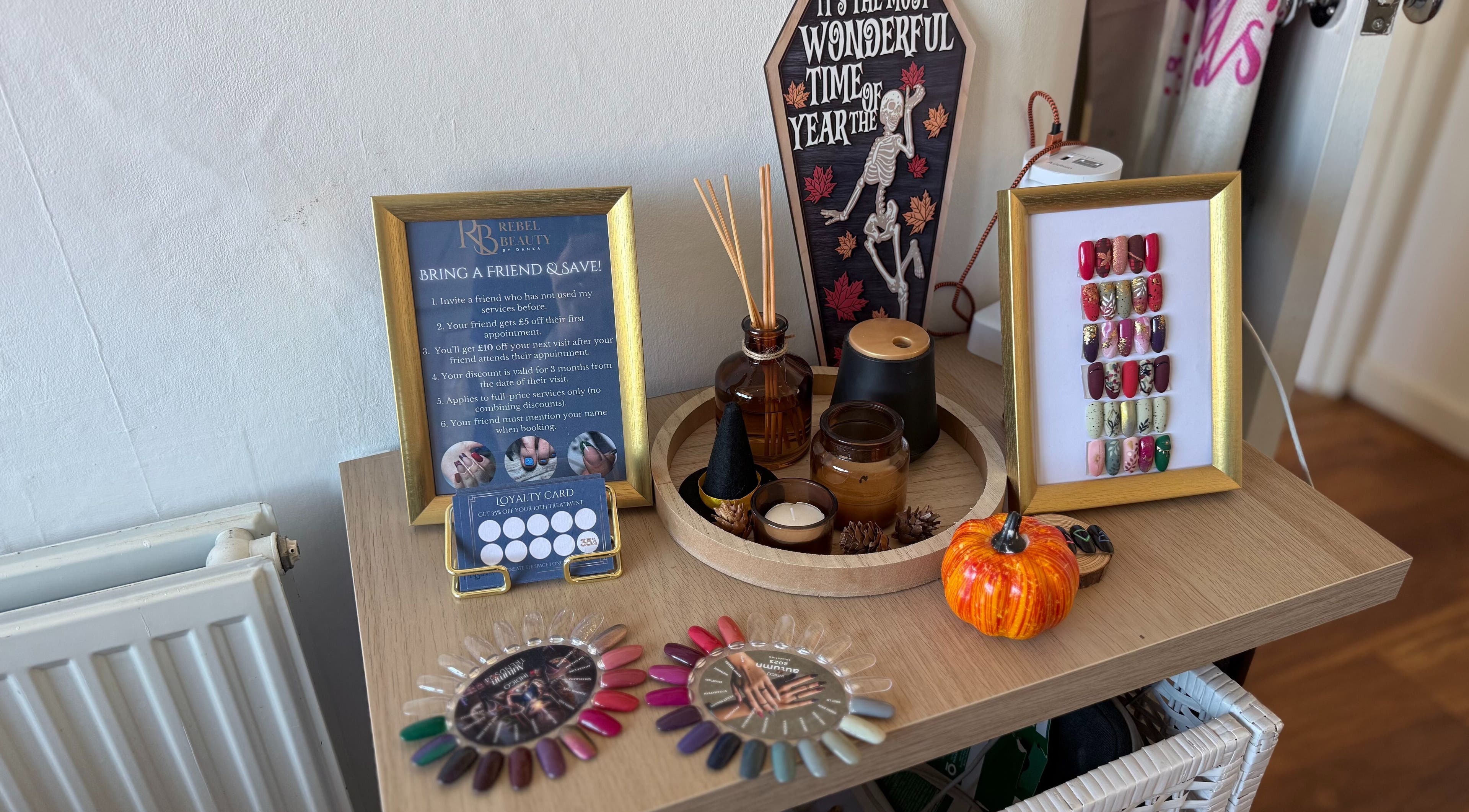 Rebel Beauty by Danka display with autumn decor and nail designs, Birmingham, England, GB.