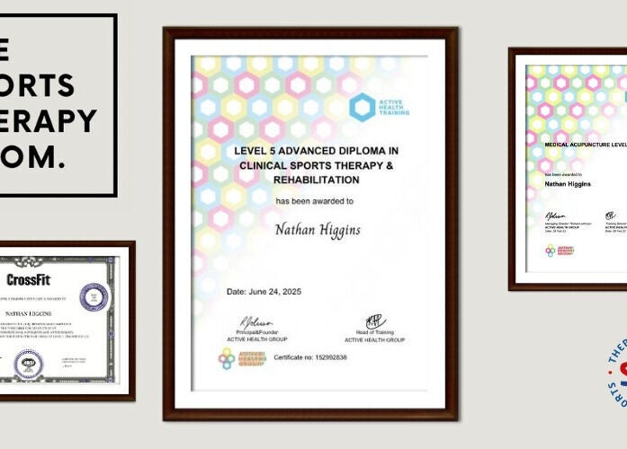 Certificates on wall at The Sports Therapy Room, Milnrow, England, GB showcasing qualifications.