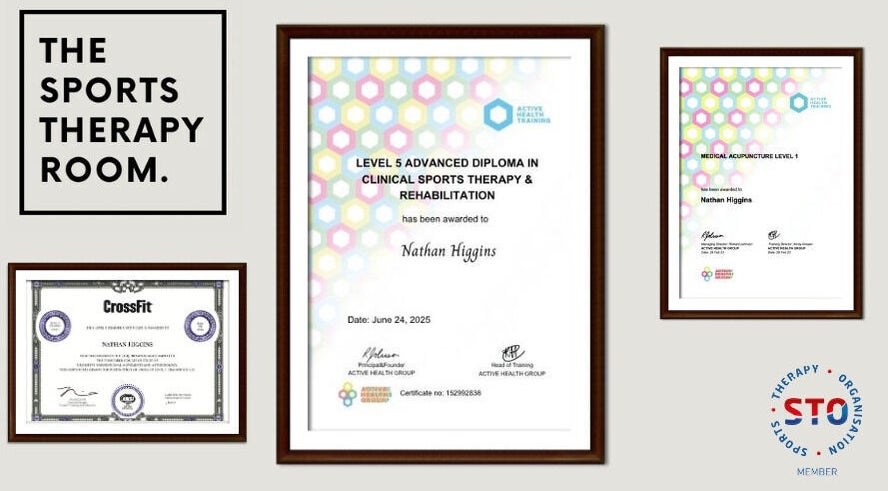 Certificates on wall at The Sports Therapy Room, Milnrow, England, GB showcasing qualifications.