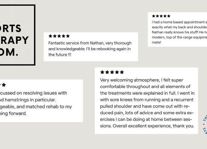 Testimonials for The Sports Therapy Room in Milnrow, England, GB praising expert and thorough services.