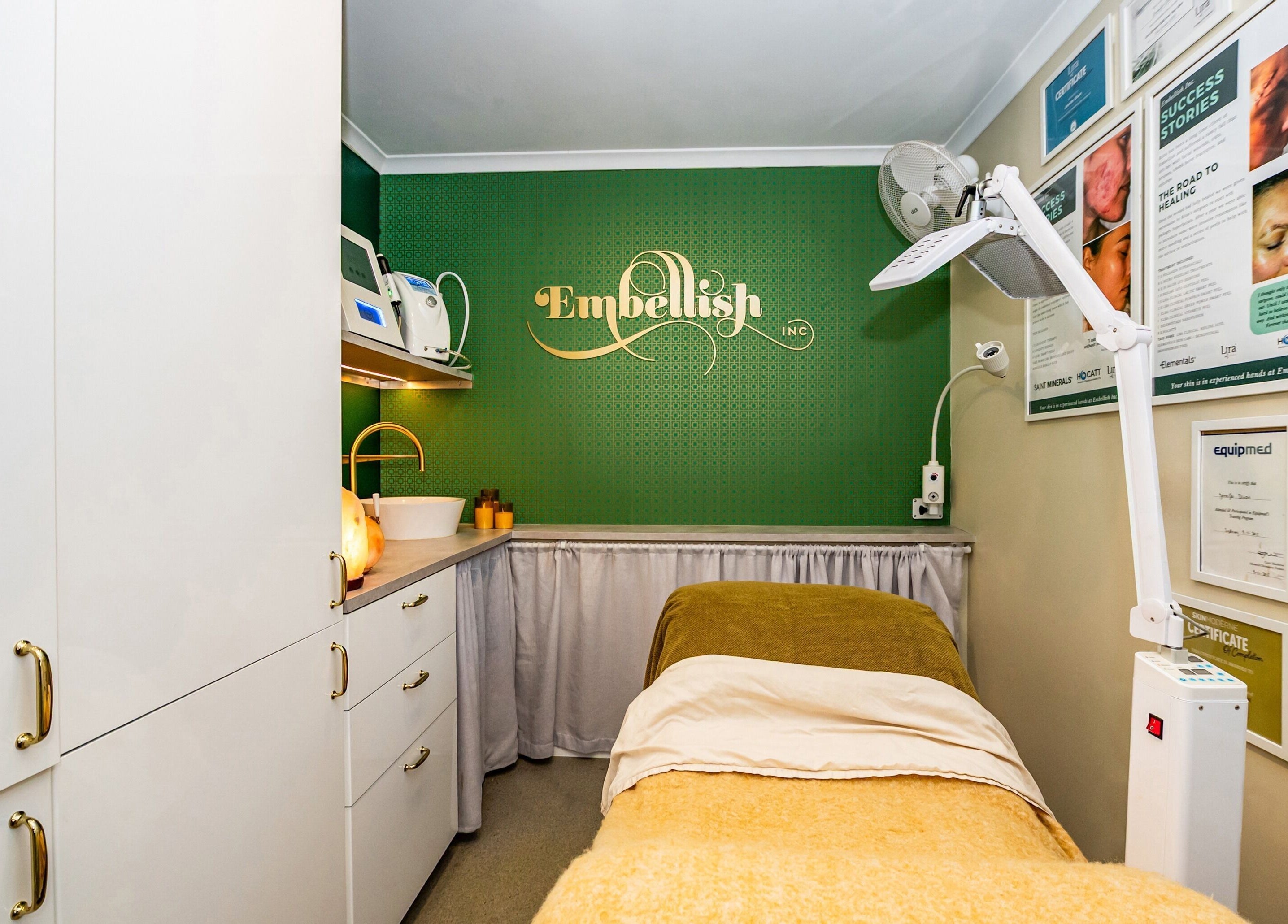 Serene beauty treatment room at Embellish Inc, Brookvale, NSW, AU with elegant decor.