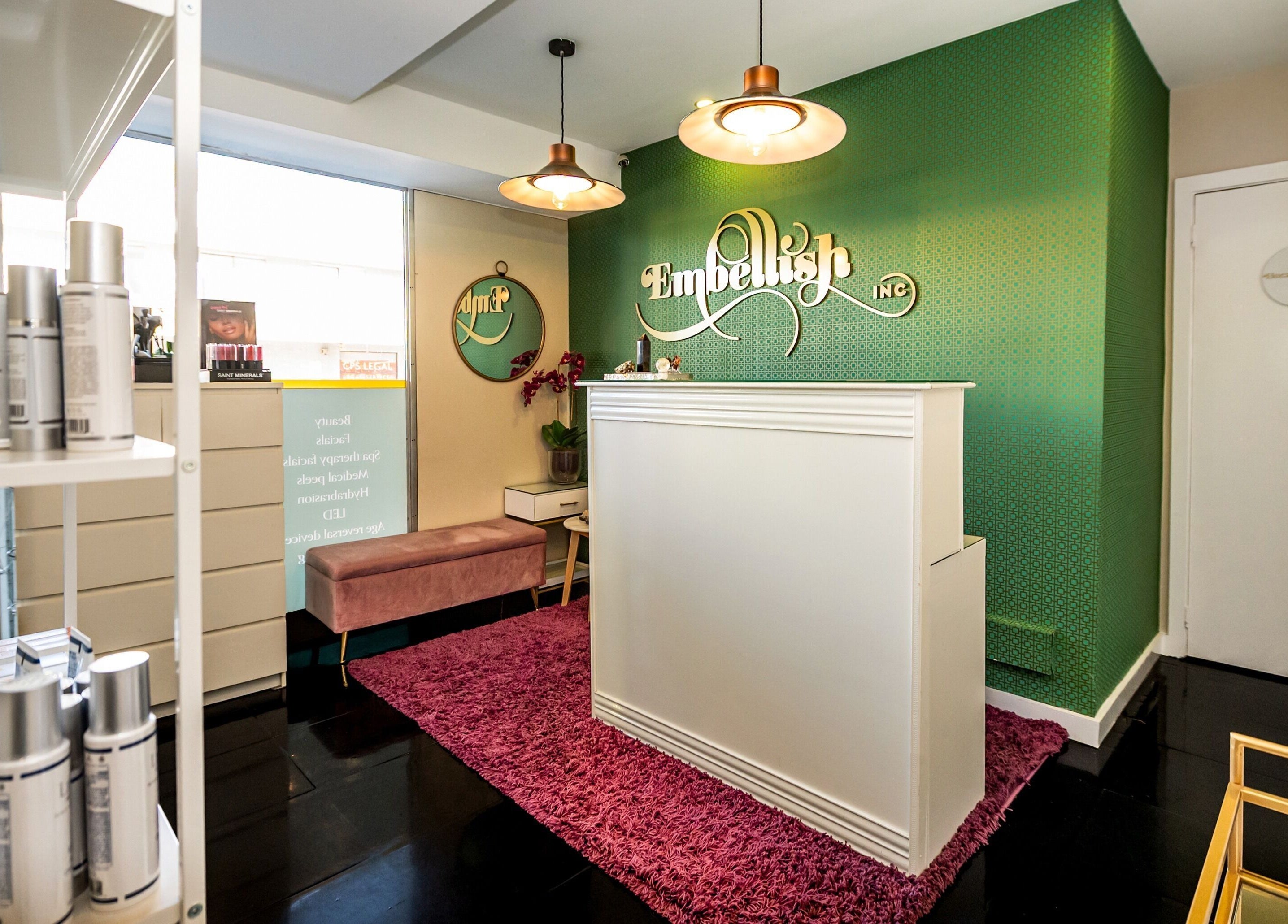 Elegant reception at Embellish Inc, Brookvale, NSW, AU with stylish decor and plush seating.