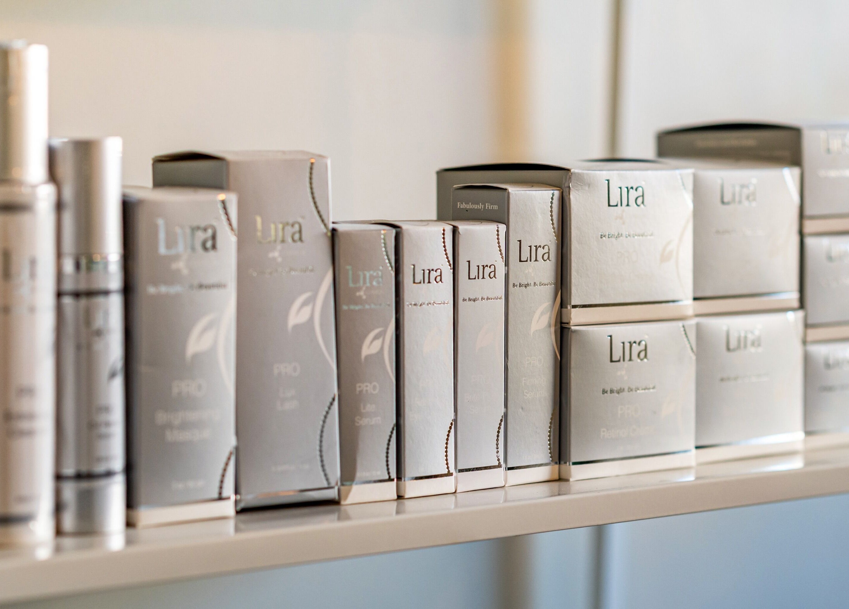 Lira skincare products on shelf at Embellish Inc, Brookvale, NSW, AU.