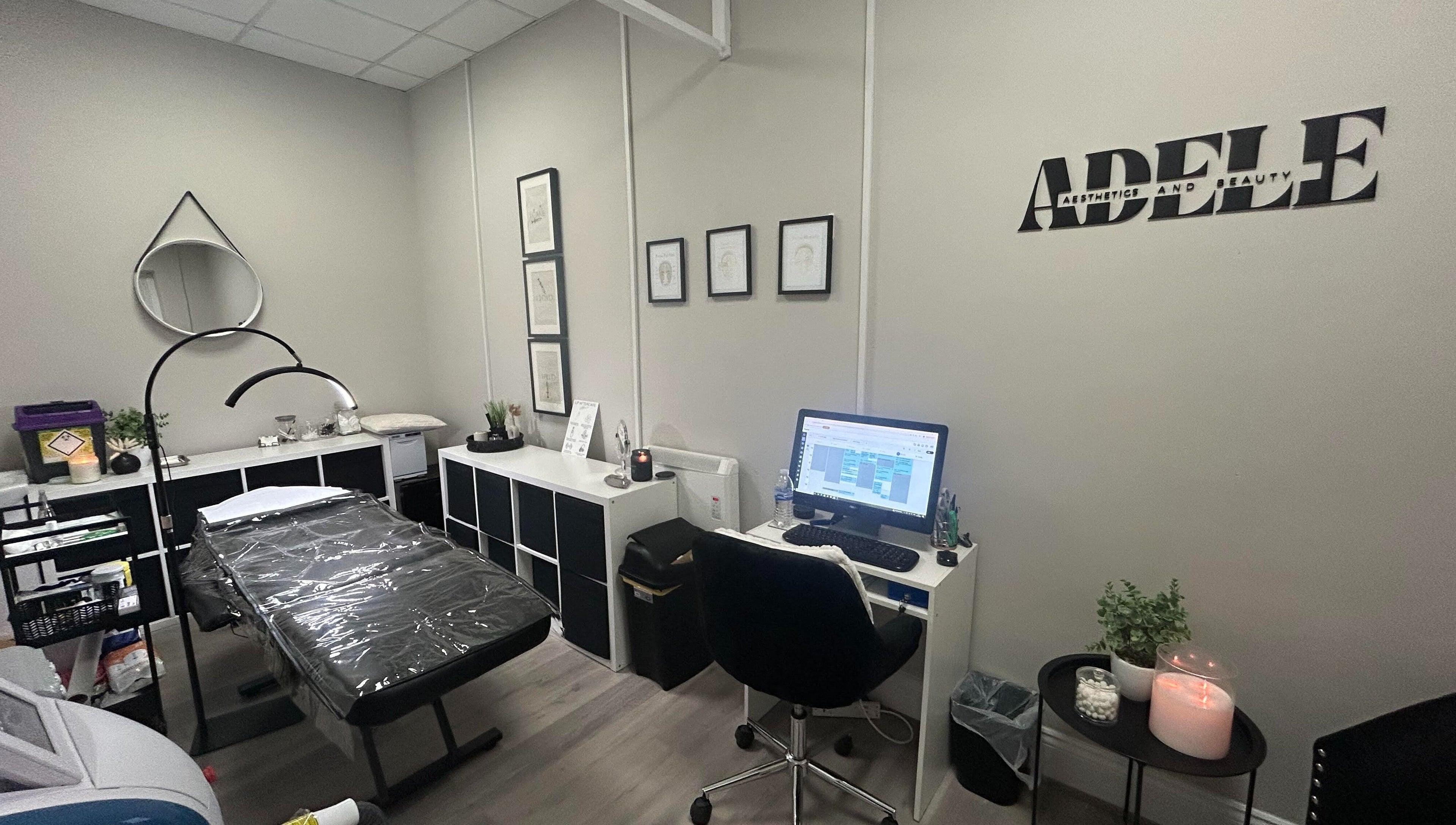 Modern treatment room at Adeles Aesthetics and Beauty, Seaham, England, GB, featuring a massage table and decor.