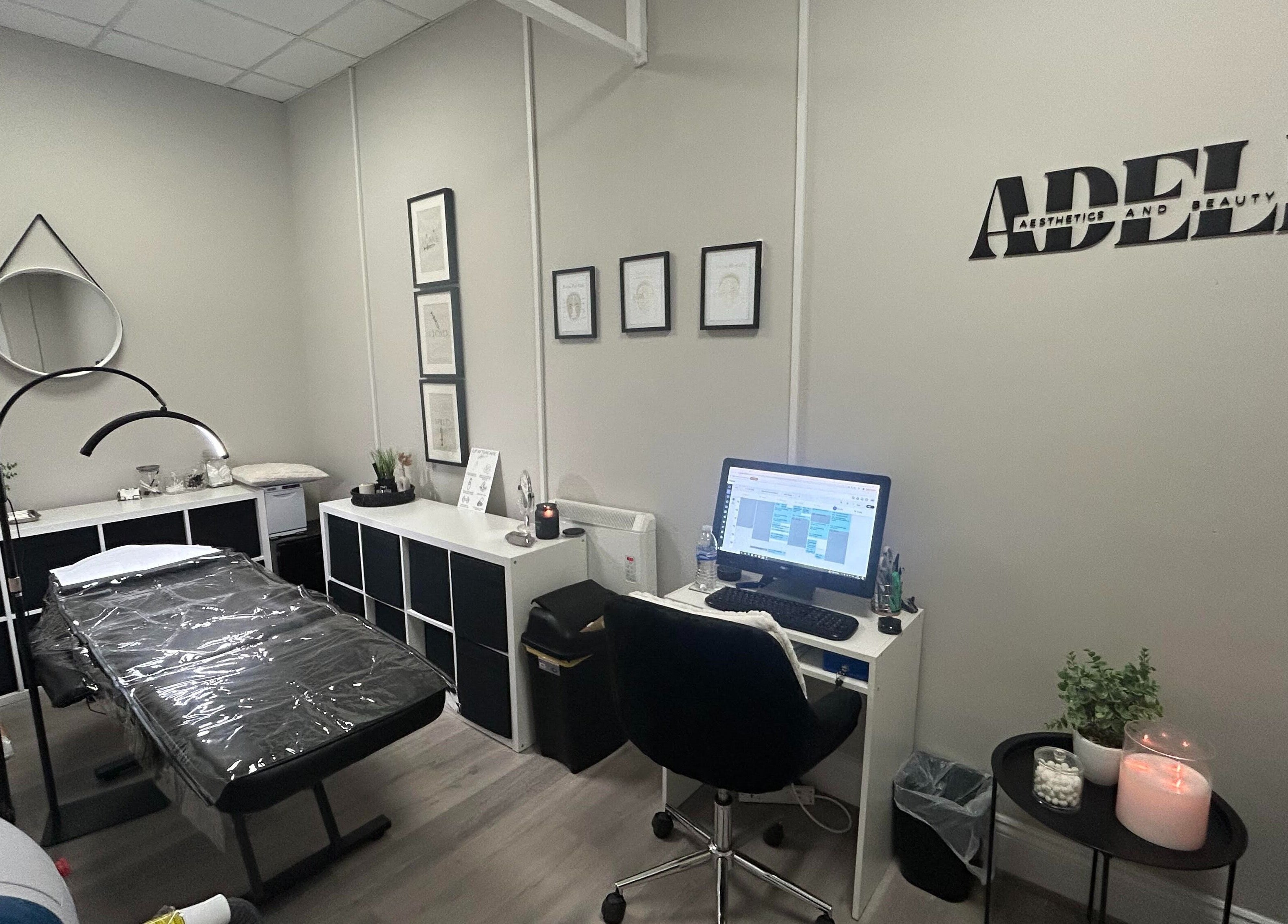 Modern treatment room at Adeles Aesthetics and Beauty, Seaham, England, GB, featuring a massage table and decor.