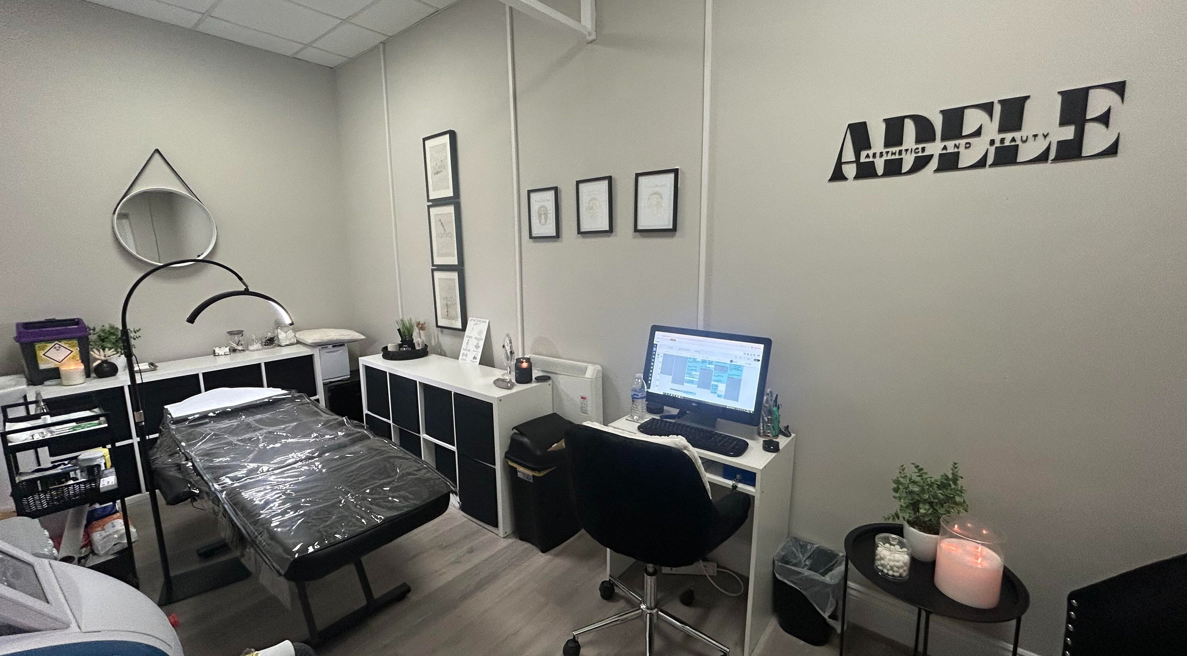 Modern treatment room at Adeles Aesthetics and Beauty, Seaham, England, GB, featuring a massage table and decor.