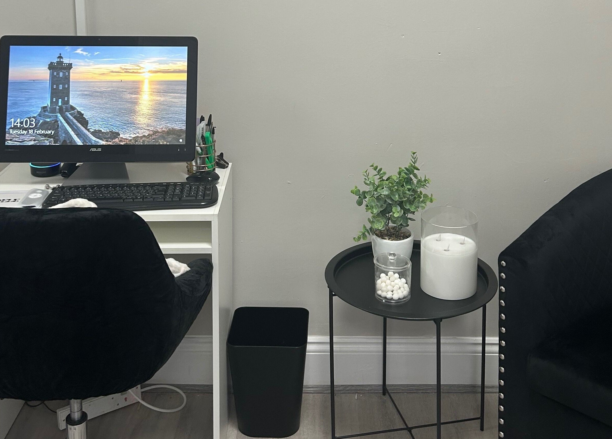 Cozy office corner at Adeles Aesthetics and Beauty, Seaham, England, GB with a computer and plants.