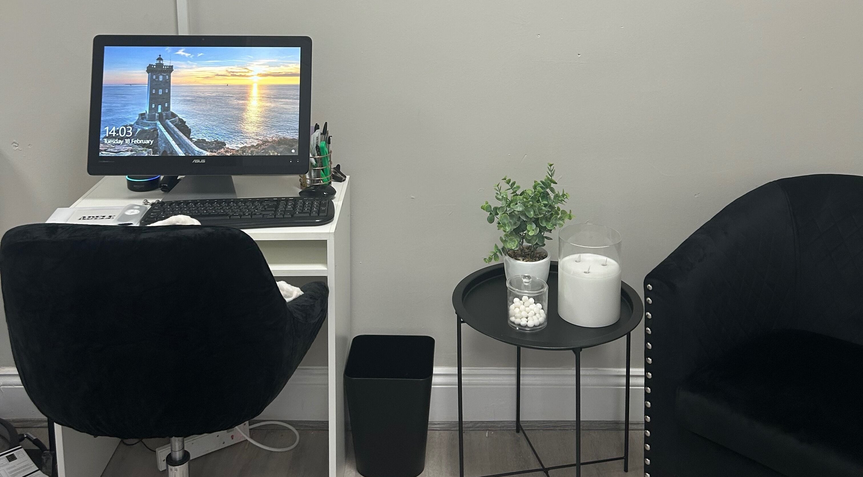 Cozy office corner at Adeles Aesthetics and Beauty, Seaham, England, GB with a computer and plants.