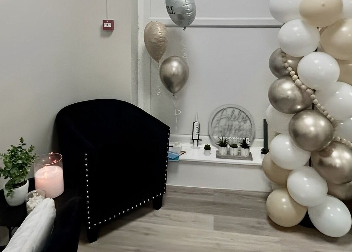 Cozy corner with balloon decor at Adeles Aesthetics and Beauty in Seaham, England, GB.