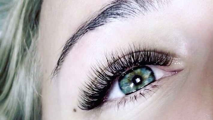 Close-up of beautifully extended eyelashes at Wolfe Artistry in Kippax, England, GB.