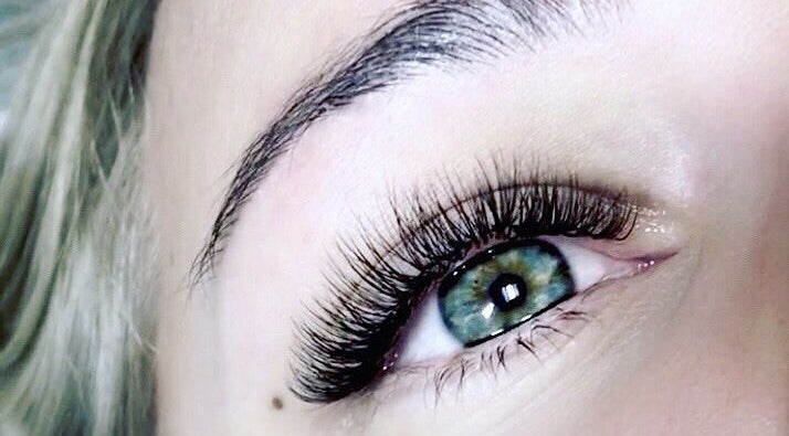 Close-up of beautifully extended eyelashes at Wolfe Artistry in Kippax, England, GB.