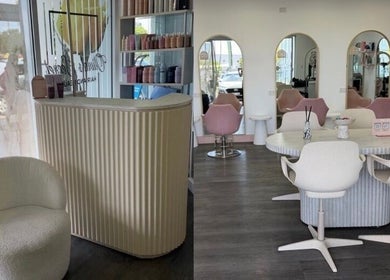 Stylish interior of Olivia's Secret Hair and Beauty in Buddina, Queensland, AU featuring sleek chairs and mirrors.
