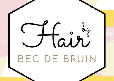 Logo for Hair by Bec de Bruin, a salon in Newtown, Victoria, AU with artistic pastel background.
